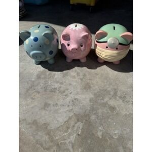3 Ceramic Piggy Banks Lot Pink Daisy Blue Polka Dot Nurse Pig Coin Bank